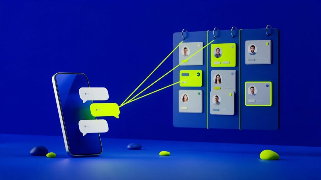 Smartphone com conversas ligadas a um quadro de etapas de contatos