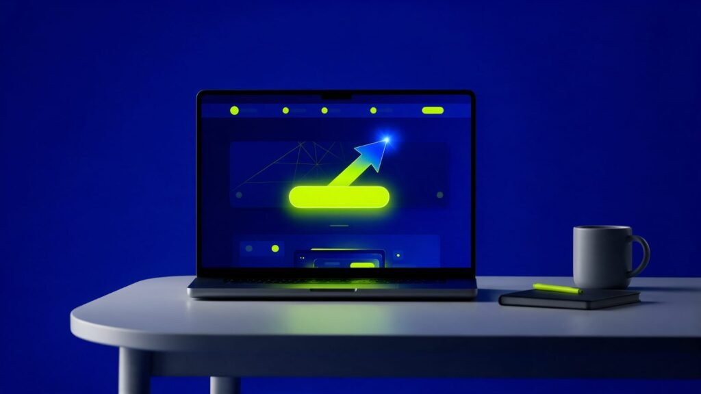 Laptop com layout de site e botão de chamada para ação em destaque