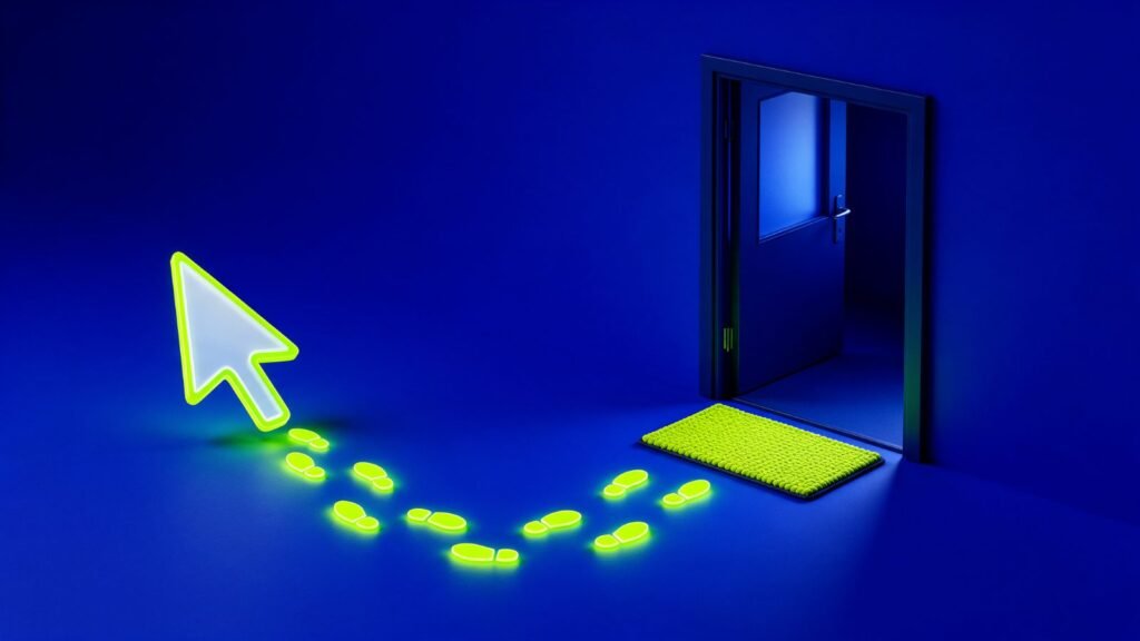 Caminho de pegadas iluminadas de um cursor até a porta de uma loja