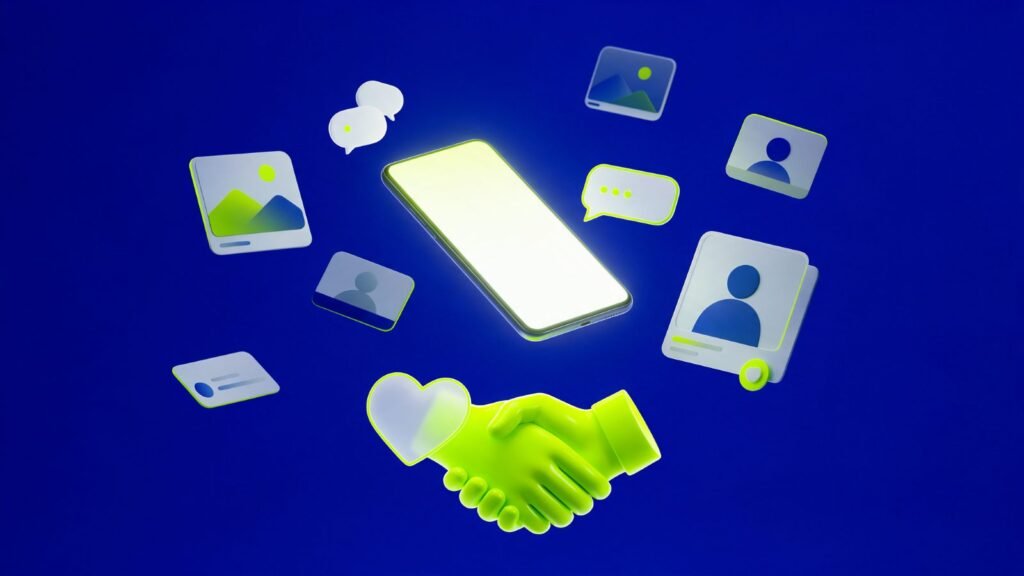 Smartphone com cards de redes sociais e balões de conversa